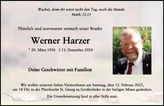 Traueranzeige von Werner Harzer von FZ