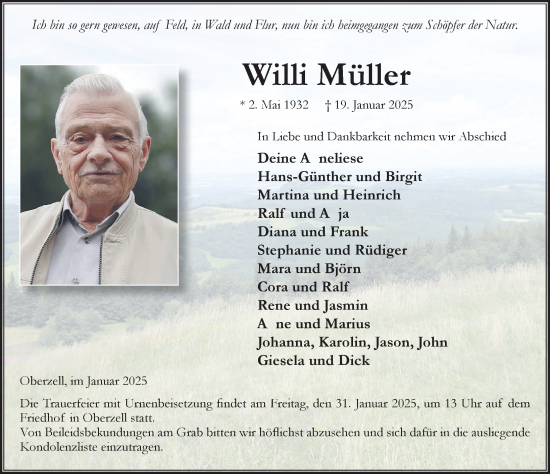 Traueranzeige von Willi Müller von FZ
