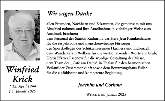 Traueranzeige von Winfried Krick von FZ