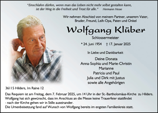 Traueranzeige von Wolfgang Klüber von FZ