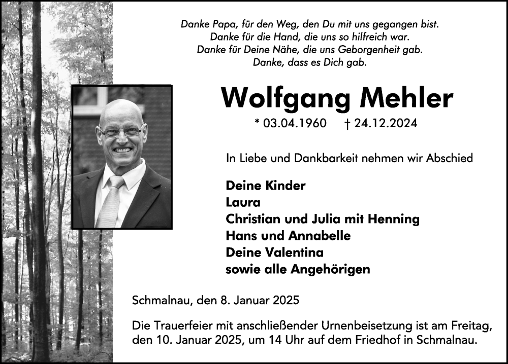  Traueranzeige für Wolfgang Mehler vom 08.01.2025 aus FZ