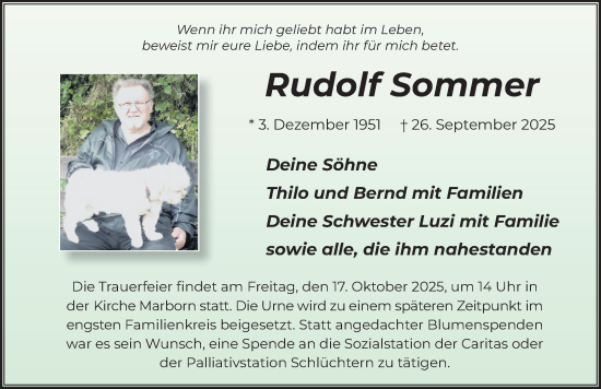 Traueranzeige von Rudolf Sommer von FZ
