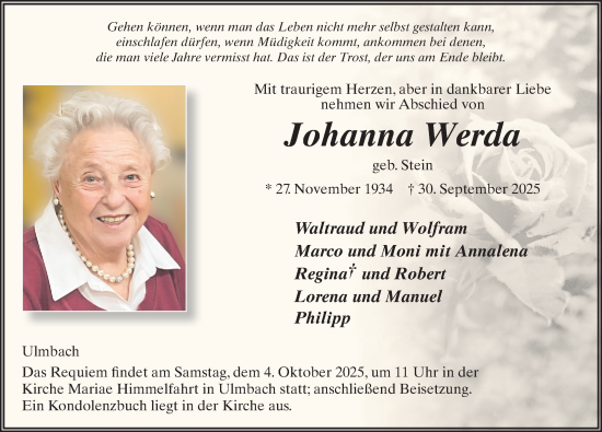 Traueranzeige von Johanna Werda von FZ