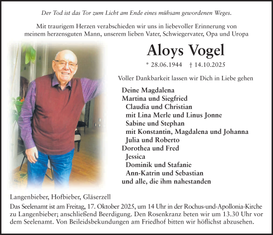 Traueranzeige von Aloys Vogel von FZ