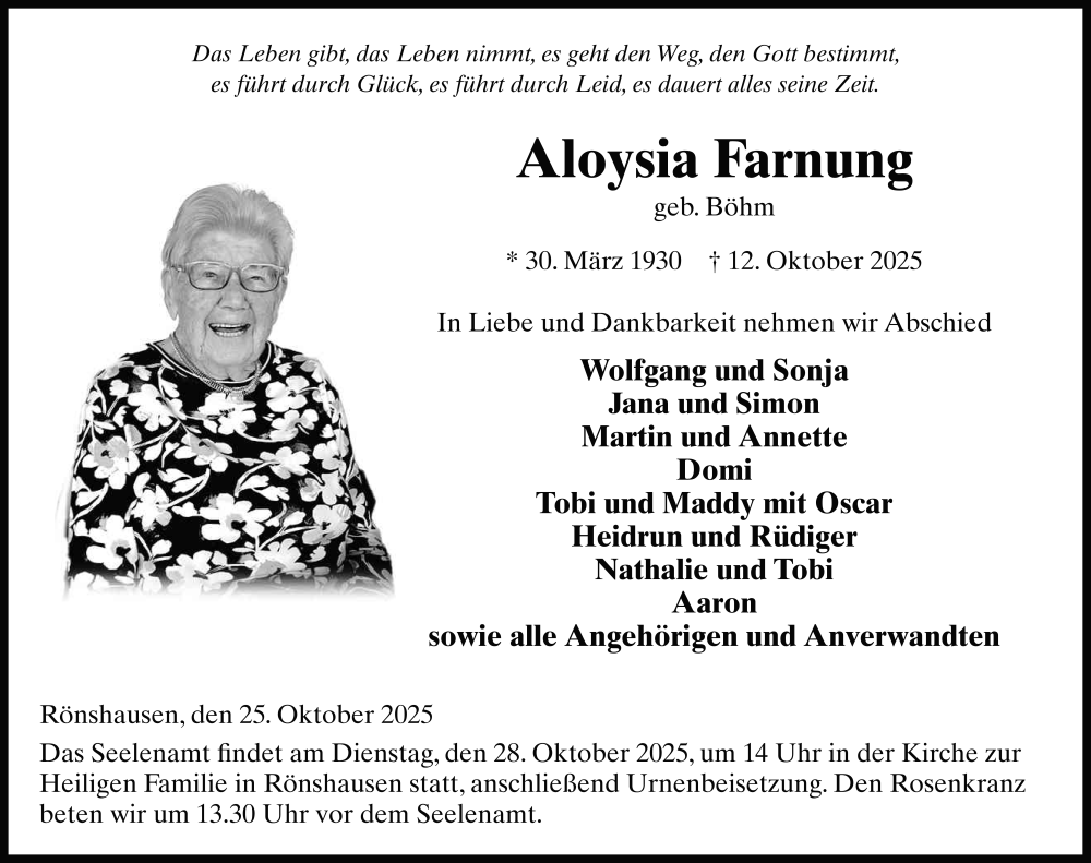  Traueranzeige für Aloysia Farnung vom 25.10.2025 aus FZ