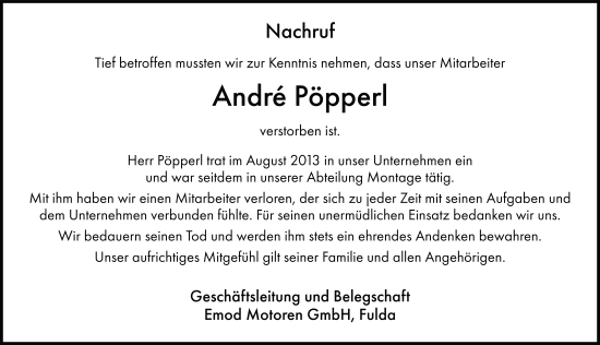 Traueranzeige von André Pöpperl von FZ