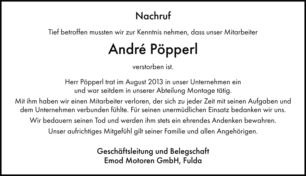  Traueranzeige für André Pöpperl vom 31.10.2025 aus FZ