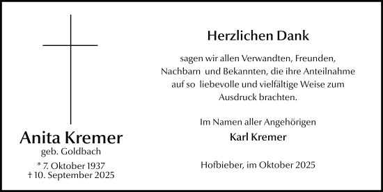 Traueranzeige von Anita Kremer von FZ