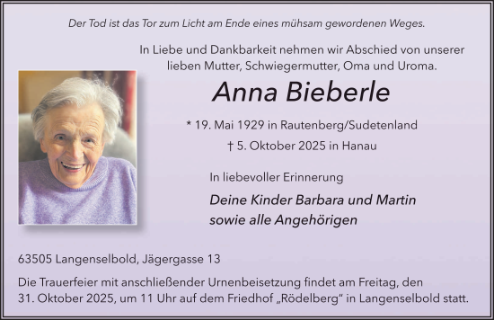 Traueranzeige von Anna Bieberle von FZ