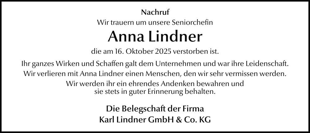  Traueranzeige für Anna Lindner vom 21.10.2025 aus FZ
