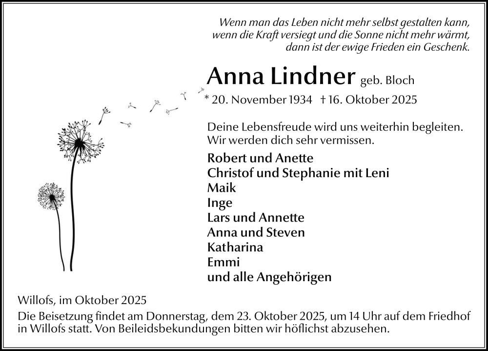  Traueranzeige für Anna Lindner vom 21.10.2025 aus FZ