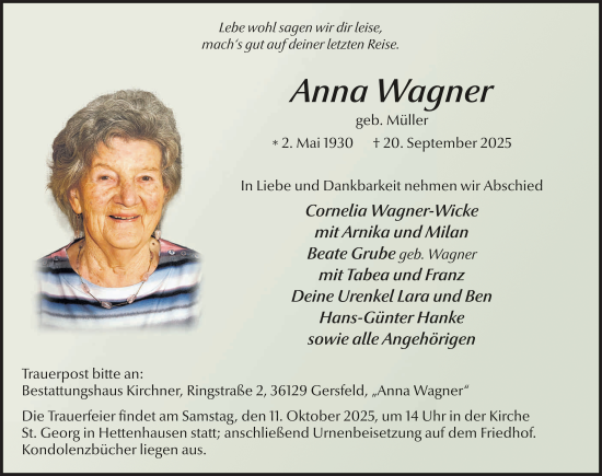 Traueranzeige von Anna Wagner von FZ