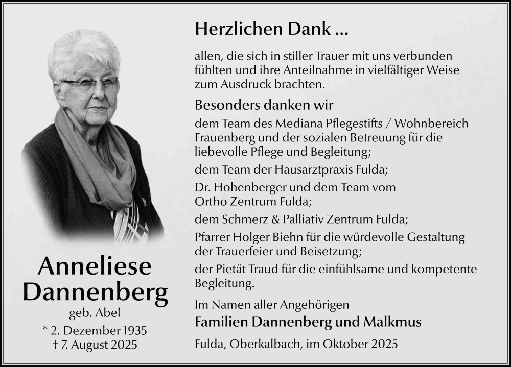  Traueranzeige für Anneliese Dannenberg vom 15.10.2025 aus FZ