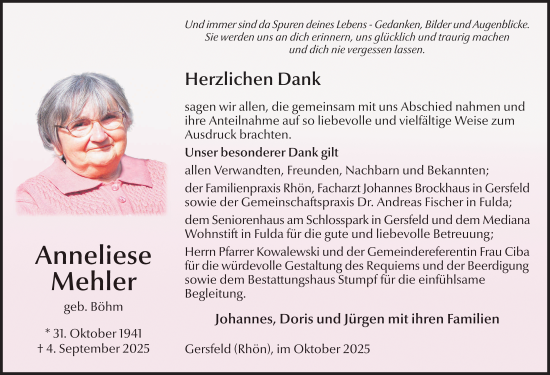 Traueranzeige von Anneliese Mehler von FZ