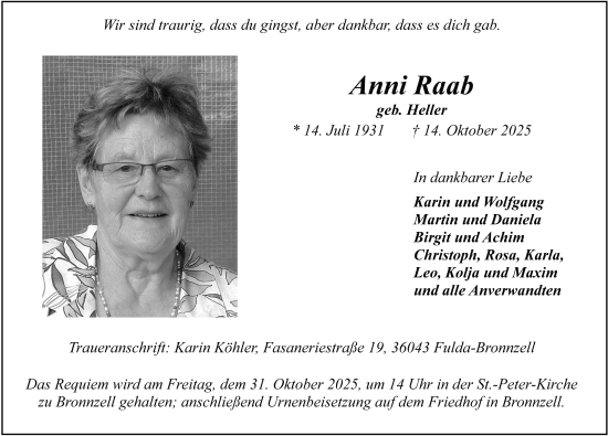 Traueranzeige von Anni Raab von FZ