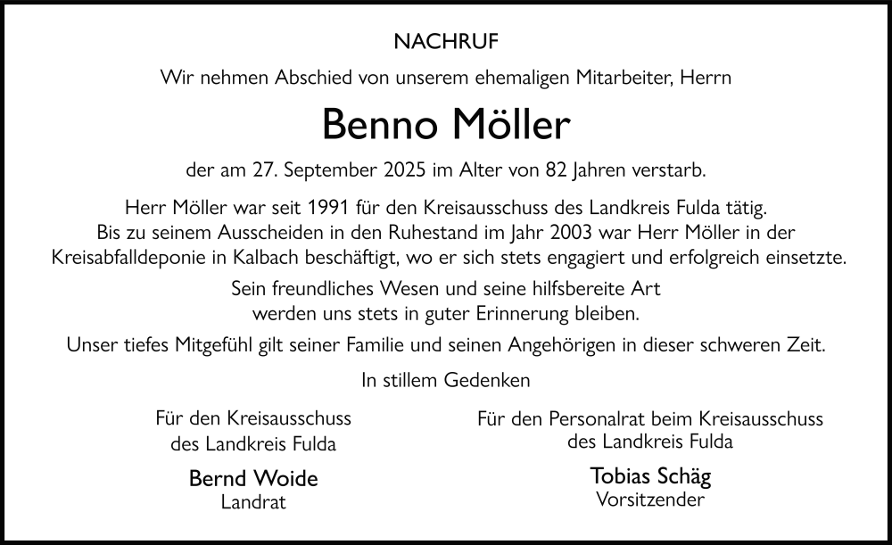  Traueranzeige für Benno Möller vom 16.10.2025 aus FZ
