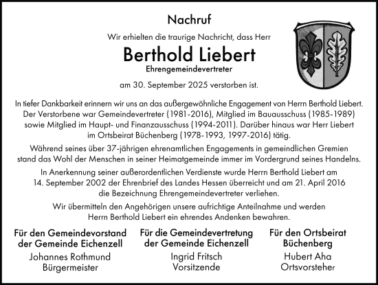 Traueranzeige von Berthold Liebert von FZ