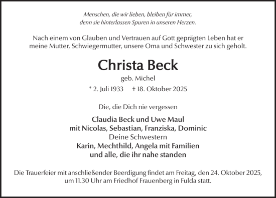 Traueranzeige von Christa Beck von FZ