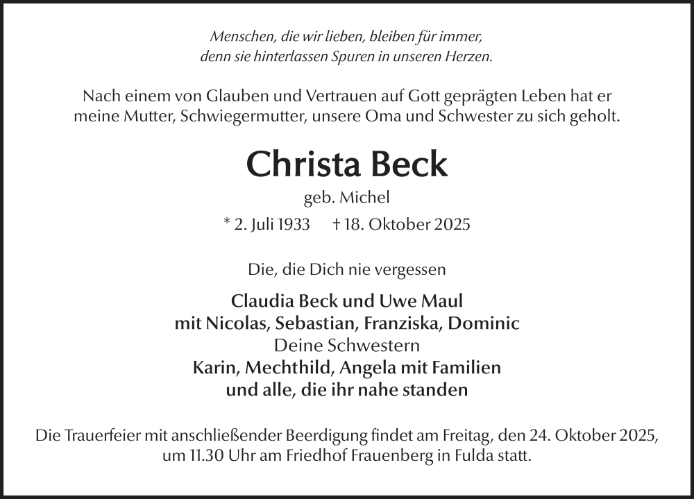  Traueranzeige für Christa Beck vom 21.10.2025 aus FZ