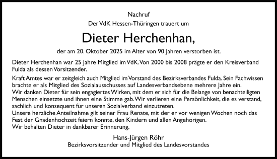 Traueranzeige von Dieter Herchenhan von FZ