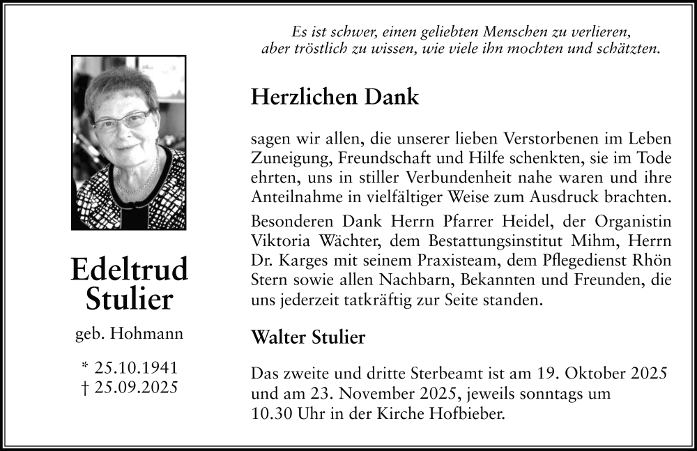  Traueranzeige für Edeltrud Stulier vom 18.10.2025 aus FZ