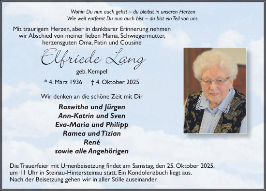 Traueranzeige von Elfriede Lang von FZ
