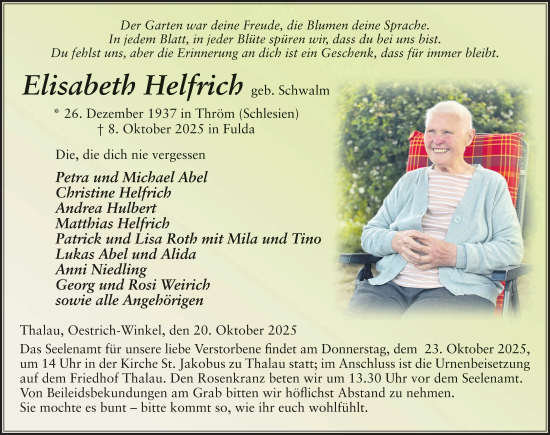 Traueranzeige von Elisabeth Helfrich von FZ