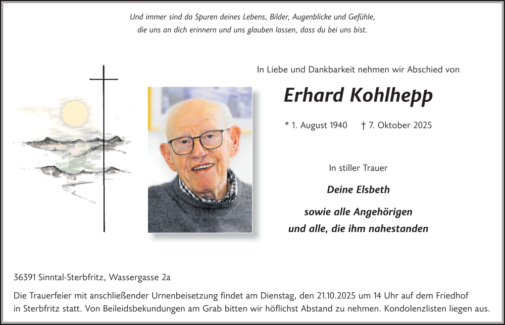  Traueranzeige für Erhard Kohlhepp vom 18.10.2025 aus FZ