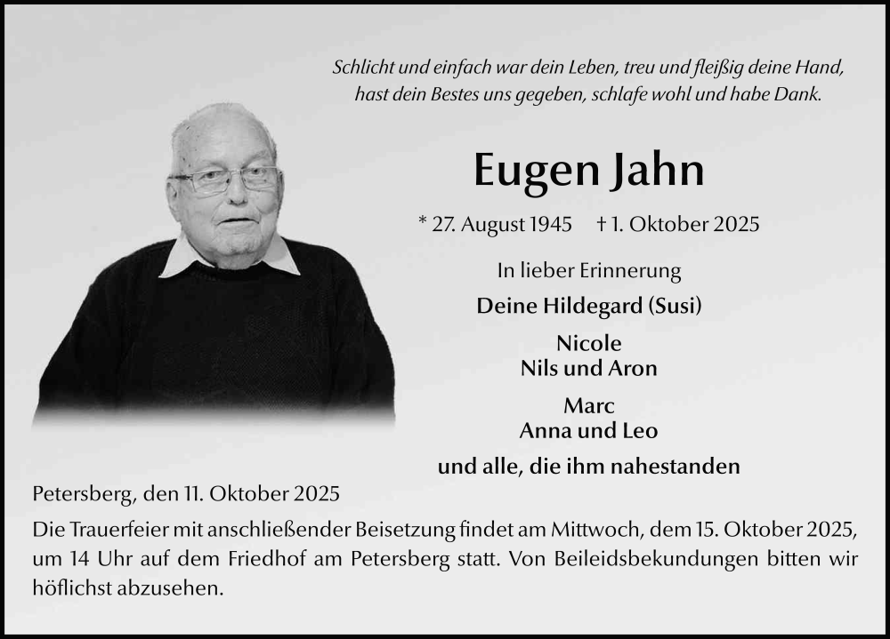  Traueranzeige für Eugen Jahn vom 11.10.2025 aus FZ