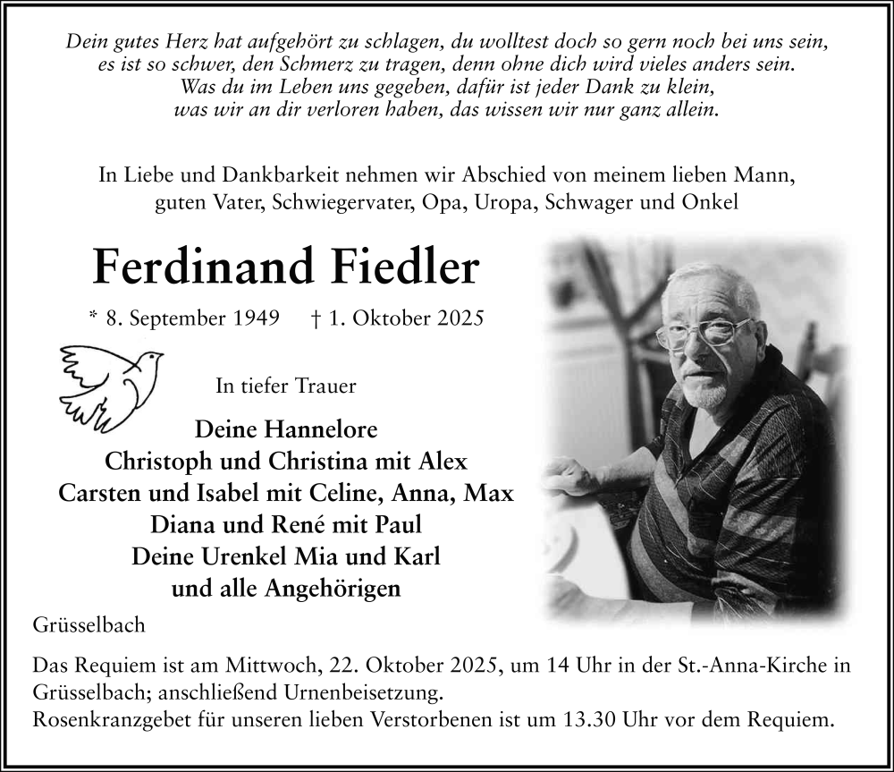  Traueranzeige für Ferdinand Fiedler vom 18.10.2025 aus FZ