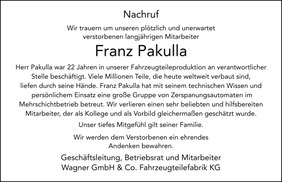 Traueranzeige von Franz Pakulla von FZ