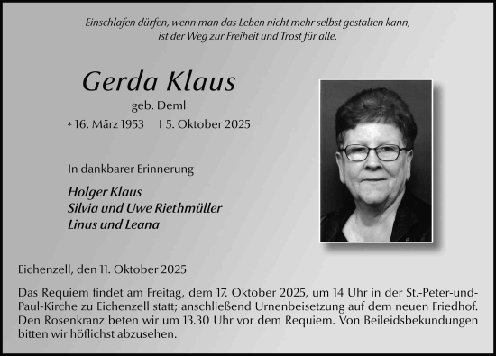 Traueranzeige von Gerda Klaus von FZ