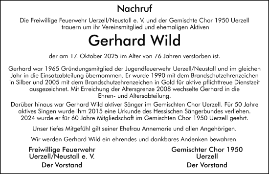 Traueranzeige von Gerhard Wild von FZ