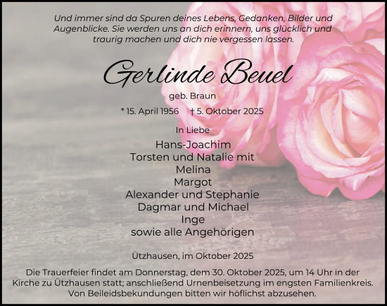 Traueranzeige von Gerlinde Beuel von FZ