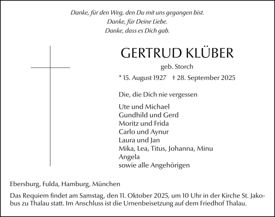 Traueranzeige von Gertrud Klüber von FZ