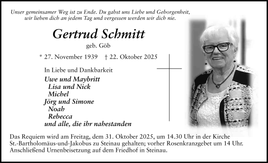 Traueranzeige von Gertrud Schmitt von FZ