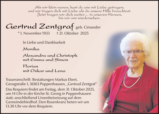 Traueranzeige von Gertrud Zentgraf von FZ