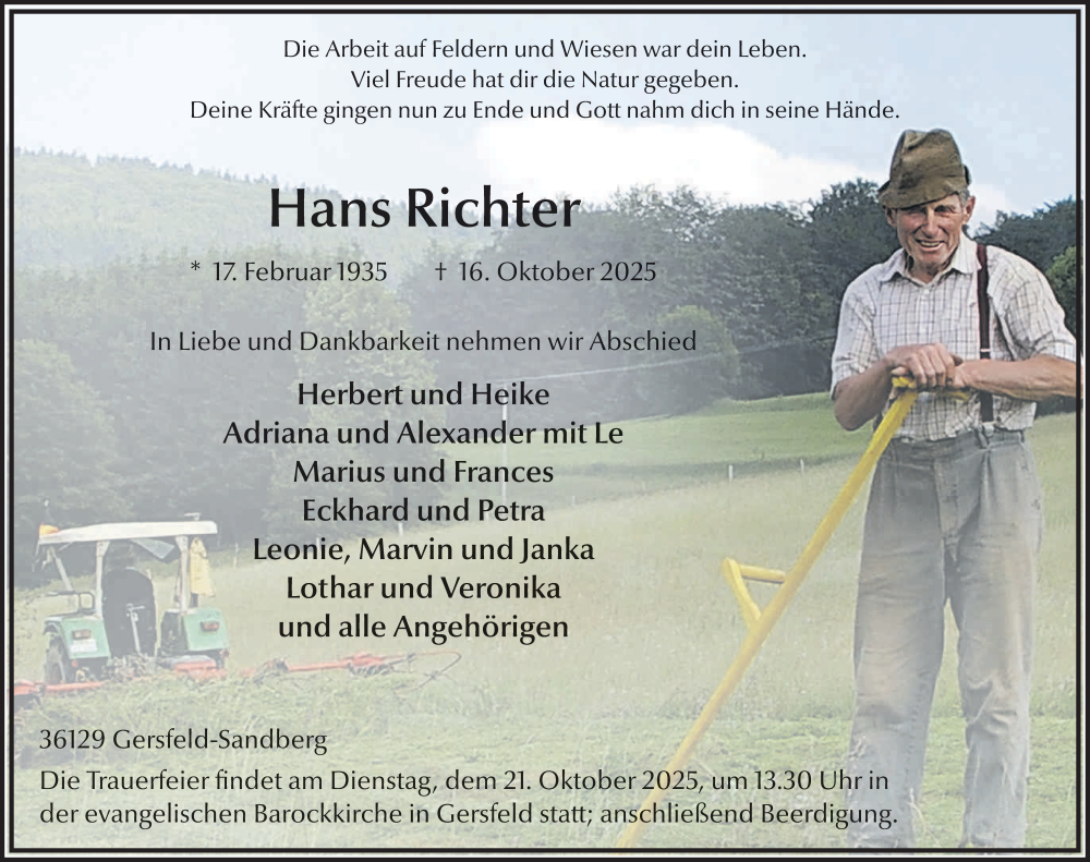  Traueranzeige für Hans Richter vom 18.10.2025 aus FZ