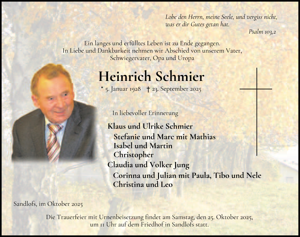  Traueranzeige für Heinrich Schmier vom 18.10.2025 aus FZ