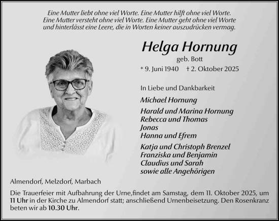 Traueranzeige von Helga Hornung von FZ
