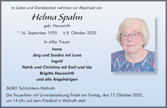Traueranzeige von Helma Spahn von FZ
