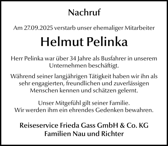 Traueranzeige von Helmut Pelinka von FZ