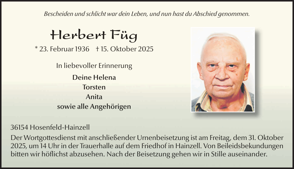  Traueranzeige für Herbert Füg vom 28.10.2025 aus FZ