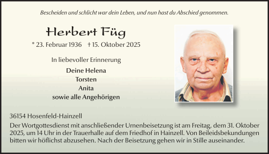 Traueranzeige von Herbert Füg von FZ