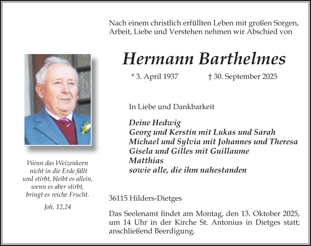  Traueranzeige für Hermann Barthelmes vom 08.10.2025 aus FZ