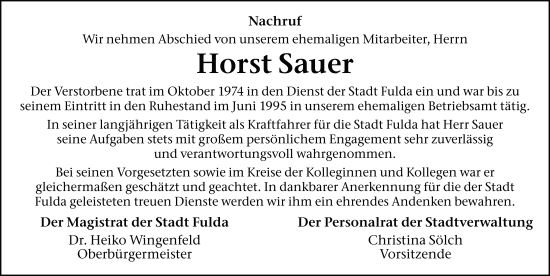 Traueranzeige von Horst Sauer von FZ
