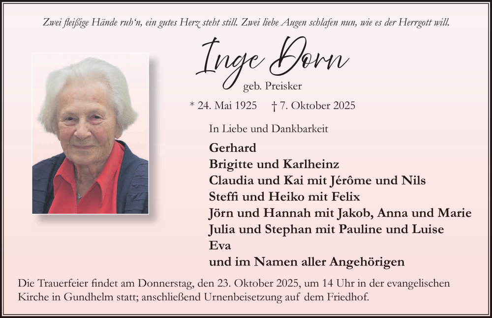  Traueranzeige für Inge Dorn vom 18.10.2025 aus FZ
