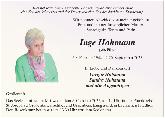 Traueranzeige von Inge Hohmann von FZ