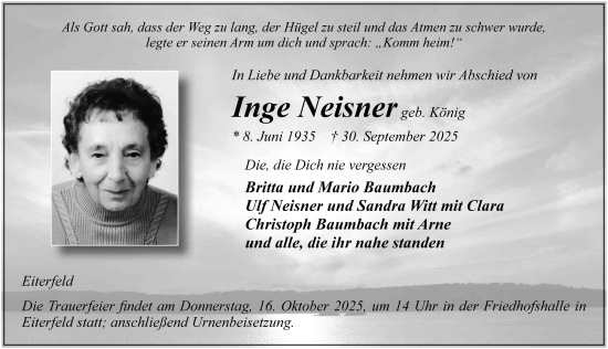 Traueranzeige von Inge Neisner von FZ