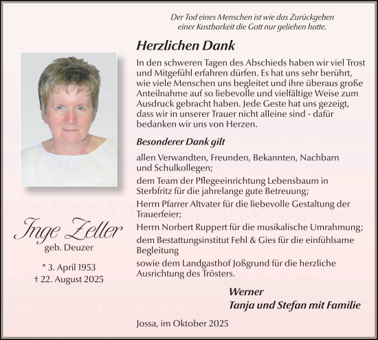 Traueranzeige von Inge Zeller von FZ